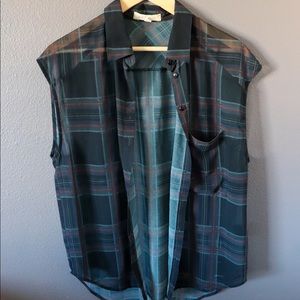 Vintage grunge see-through flannel print button down in deep emerald green